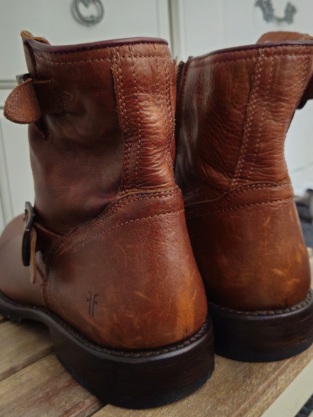 Frye Men's Cognac Leather Buckle Ankle Boots - Picture 6 of 16